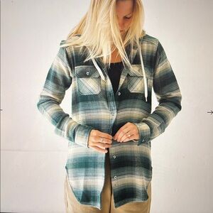 Kavu Jess Button Up Cotton Flannel Hoodie Shirt Blue/Green/Cream Sz. Small
